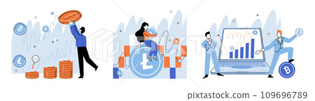 Crypto market. Vector illustration. Commerce in crypto market is driven by technological advancements and consumer demand Earning passive income through investments in cryptocurrencies is popular 109696789