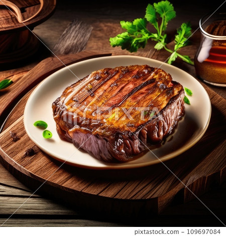 Delicious piece of meat steak on a wooden board with seasoning, herbs, pepper, close-up. Restaurant menu, cozy table, cinematic light 109697084