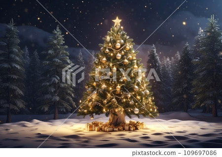Fairy Christmas tree glows with warm fairy lights with golden decor in the forest in winter with snow. Christmas and New Year, festive mood, greeting card Fairy Christmas tree glows with warm fairy lights with golden decor in the forest in winter with snow. Christmas and New Year, festive mood, greeting card 109697086