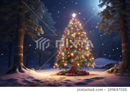 Fairy Christmas tree glows with warm fairy lights with golden decor and multicolored balls in forest in winter with snow. Christmas and New Year, festive mood, greeting card Fairy Christmas tree glows with warm fairy lights with golden decor and multicolored balls in forest in winter with snow. Christmas and New Year, festive mood, greeting card 109697088