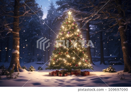 Fairy Christmas tree glows with warm fairy lights with golden decor in the forest in winter with snow. Christmas and New Year, festive mood, greeting card 109697090