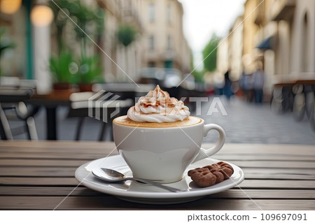 An appetizing cup of cappuccino with a pile of foam and cinnamon on the table of a city cafe against the background of a city street. A cozy pleasure, a walk An appetizing cup of cappuccino with a pile of foam and cinnamon on the table of a city cafe against the background of a city street. A cozy pleasure, a walk 109697091