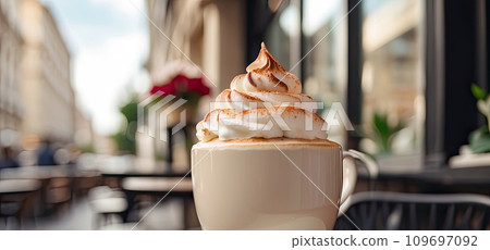An appetizing cup of cappuccino with a pile of foam and cinnamon on the table of a city cafe against the background of a city street. A cozy pleasure, a walk 109697092