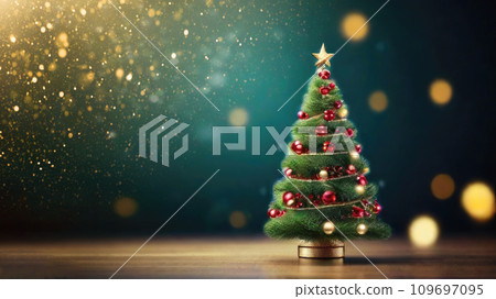 Fairy Christmas tree in a fabulous style with red decor on a solid background with bokeh, glitter and copy space. Christmas and New Year, festive mood, greeting card Fairy Christmas tree in a fabulous style with red decor on a solid background with bokeh, glitter and copy space. Christmas and New Year, festive mood, greeting card 109697095