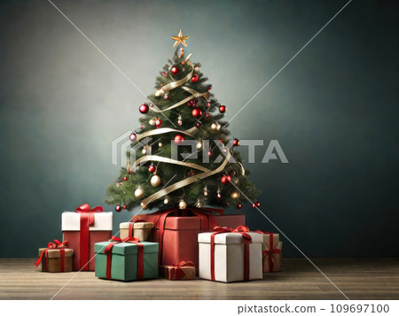 Fairy Christmas tree retro style with multicolored decor on a solid background with copy space, boxes with gifts are lying under fir tree. Christmas and New Year, festive mood, greeting card Fairy Christmas tree retro style with multicolored decor on a solid background with copy space, boxes with gifts are lying under fir tree. Christmas and New Year, festive mood, greeting card 109697100