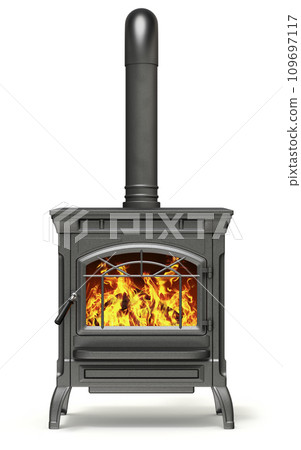Wood burning stove with fire flame on white background - 3D illustration Wood burning stove with fire flame on white background - 3D illustration 109697117