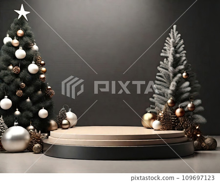 Round geometric empty podium for a product iwith eco-style Christmas decor on a solid background. New Year's product, promotion, advertising, display on theme of nature and ecology, in neutral tones Round geometric empty podium for a product iwith eco-style Christmas decor on a solid background. New Year's product, promotion, advertising, display on theme of nature and ecology, in neutral tones 109697123