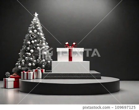 Round geometric empty podium for a product with Christmas decor black and white with red ribbons on a monochrome background. New Year's product, promotion, advertising, display Round geometric empty podium for a product with Christmas decor black and white with red ribbons on a monochrome background. New Year's product, promotion, advertising, display 109697125