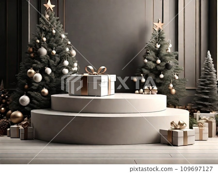 Round geometric empty podium for a product iwith eco-style Christmas decor on a solid background. New Year's product, promotion, advertising, display on theme of nature and ecology, in neutral tones 109697127