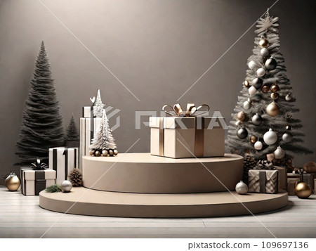 Round geometric empty podium for a product iwith eco-style Christmas decor on a solid background. New Year's product, promotion, advertising, display on theme of nature and ecology, in neutral tones Round geometric empty podium for a product iwith eco-style Christmas decor on a solid background. New Year's product, promotion, advertising, display on theme of nature and ecology, in neutral tones 109697136