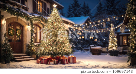 Fairy Christmas tree in courtyard of a cozy house in the background glows with warm fairy lights with golden decor, boxes with gifts. Christmas and New Year, festive mood, greeting card 109697148