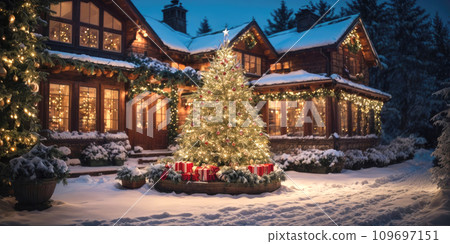 Fairy Christmas tree in courtyard of a cozy house in the background glows with warm fairy lights with golden decor, boxes with gifts. Christmas and New Year, festive mood, greeting card Fairy Christmas tree in courtyard of a cozy house in the background glows with warm fairy lights with golden decor, boxes with gifts. Christmas and New Year, festive mood, greeting card 109697151