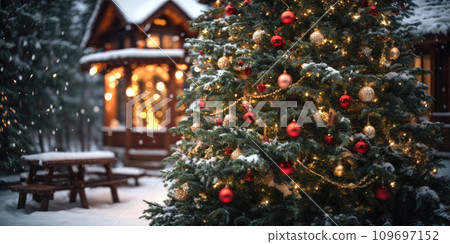 Fairy Christmas tree in courtyard of a cozy house in the background glows with warm fairy lights with golden and red balls decor, boxes with gifts. Christmas and New Year, festive mood, greeting card Fairy Christmas tree in courtyard of a cozy house in the background glows with warm fairy lights with golden and red balls decor, boxes with gifts. Christmas and New Year, festive mood, greeting card 109697152