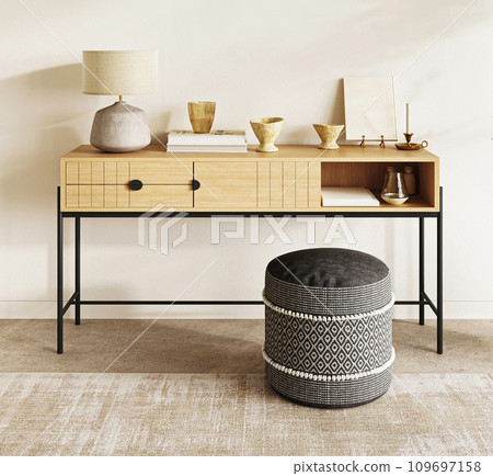 Chic Scandinavian workspace with stylish wooden desk and patterned ottoman. 3d render Chic Scandinavian workspace with stylish wooden desk and patterned ottoman. 3d render 109697158