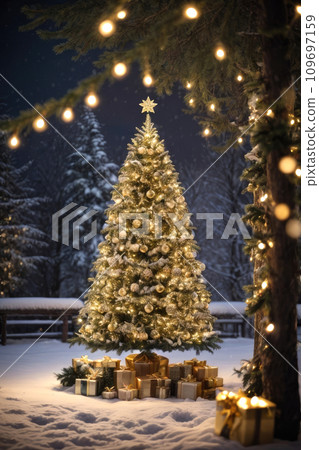 Fairy Christmas tree glows with warm fairy lights with golden decor in the forest in winter with snow, boxes with gifts are lying under fir tree. Christmas and New Year, festive mood, greeting card Fairy Christmas tree glows with warm fairy lights with golden decor in the forest in winter with snow, boxes with gifts are lying under fir tree. Christmas and New Year, festive mood, greeting card 109697159