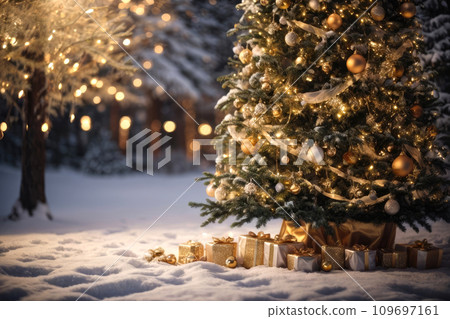 Fairy Christmas tree in courtyard of a cozy house in the background glows with warm fairy lights with golden decor, boxes with gifts. Christmas and New Year, festive mood, greeting card Fairy Christmas tree in courtyard of a cozy house in the background glows with warm fairy lights with golden decor, boxes with gifts. Christmas and New Year, festive mood, greeting card 109697161