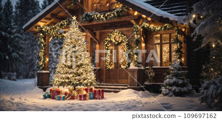 Fairy Christmas tree in courtyard of a cozy house in the background glows with warm fairy lights with golden decor, boxes with gifts. Christmas and New Year, festive mood, greeting card 109697162