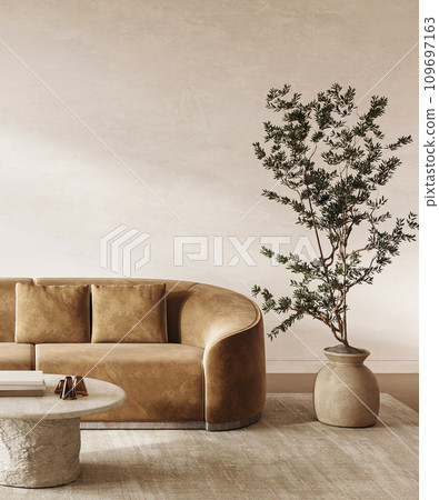 Scandinavian corner with golden velvet sofa and organic elements for a serene space. 3d render 109697163