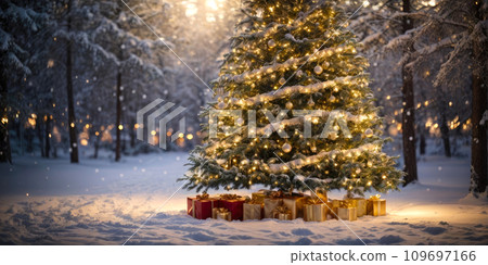 Fairy Christmas tree glows with warm fairy lights with golden decor in the forest in winter with snow, boxes with gifts are lying under fir tree. Christmas and New Year, festive mood, greeting card 109697166