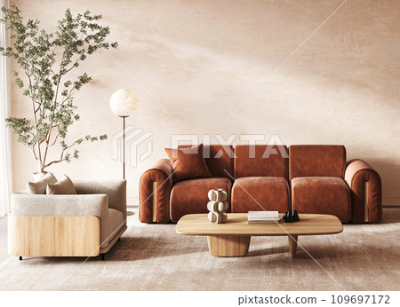 Scandinavian living room with velvet terracotta sofa and modern wooden furniture. 3d render Scandinavian living room with velvet terracotta sofa and modern wooden furniture. 3d render 109697172