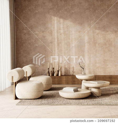 Elegant scandinavian room with textured cream sofas and refined natural accents. 3d render 109697192