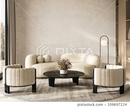 Contemporary living room with cream sofa and unique black accents in modern style. 3d render Contemporary living room with cream sofa and unique black accents in modern style. 3d render 109697224