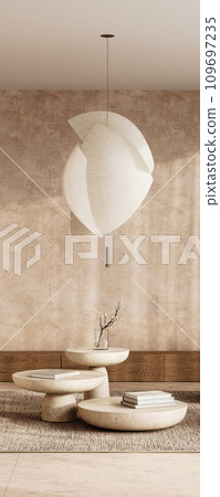 Sculptural beauty in scandinavian living room with iconic paper lantern and stone tables. 3d render 109697235