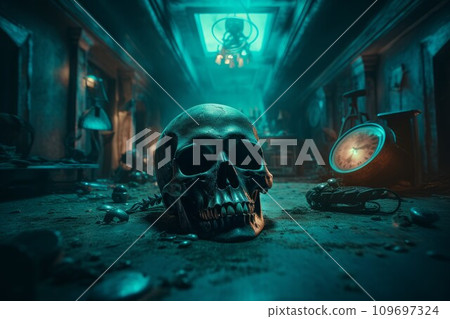 Empty space dead skull hall. Horror sky. Generate AI Empty space dead skull hall. Horror sky. Generate AI 109697324