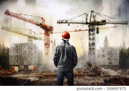 Crane strong man operator building. Heavy machine. Generate Ai Crane strong man operator building. Heavy machine. Generate Ai 109697373