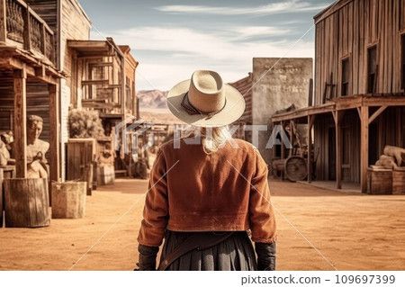 Cowboy old woman wild west. Town street view. Generate Ai Cowboy old woman wild west. Town street view. Generate Ai 109697399