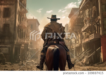 Cowboy man horse wild west. Town street. Generate Ai Cowboy man horse wild west. Town street. Generate Ai 109697415