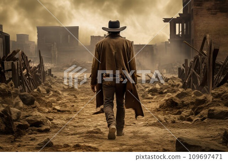 Cowboy wild west destroyed town. Saloon town. Generate Ai 109697471