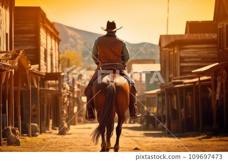 Cowboy on horse wild west. Man america. Generate Ai 109697473