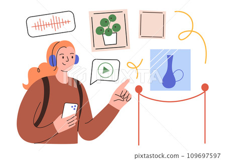 Audio guide in art museum, girl using mobile app in gallery, tourist visit exhibition, listening to audio tour in headphones, travel service, vector illustration of woman enjoying self-guided tour 109697597