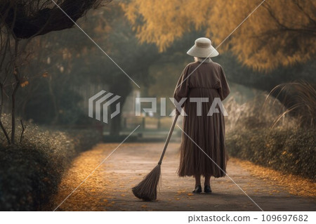 Cleaner old woman broom. Park autumn street. Generate AI Cleaner old woman broom. Park autumn street. Generate AI 109697682