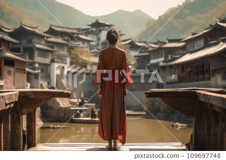 Chinese village cute woman. Park landscape. Generate Ai 109697748