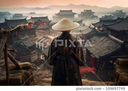 Chinese village woman scenery. View landmark. Generate Ai 109697749