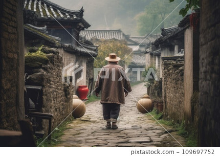 Chinese village old person. Walking street. Generate Ai Chinese village old person. Walking street. Generate Ai 109697752