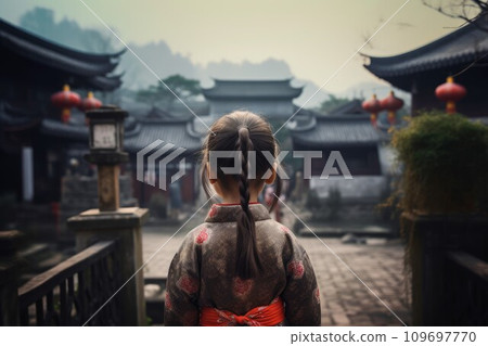 Chinese village little girl. View park. Generate Ai 109697770