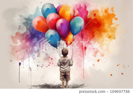 Child watercolors colorful balloons. Circus drawing. Generate Ai 109697786