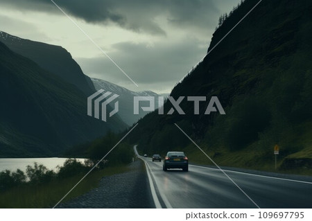 Carpooling norwegian landscape sunset. Cloud coast. Generate Ai 109697795