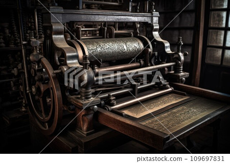 Book press machine. Old metal letter. Generate Ai 109697831