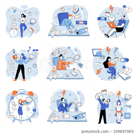 Busy employee vector illustration. In corporate setting, completing tasks on time is essential for success Managing busy career can contribute to feelings anxiety and stress Serious and stressful Busy employee vector illustration. In corporate setting, completing tasks on time is essential for success Managing busy career can contribute to feelings anxiety and stress Serious and stressful 109697863