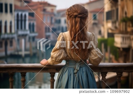 Cute small girl old venice. Travel tourism. Generate Ai 109697902