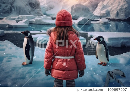 Child girl warm glacier winter penguins. Travel nature. Generate Ai Child girl warm glacier winter penguins. Travel nature. Generate Ai 109697907