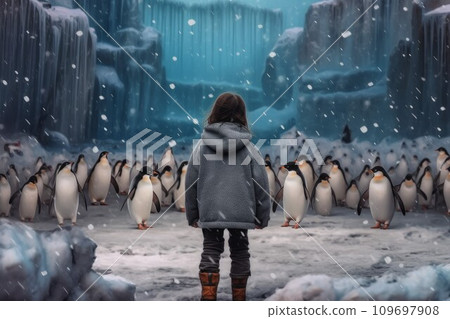 Child girl glacier winter penguins. Nature travel. Generate Ai Child girl glacier winter penguins. Nature travel. Generate Ai 109697908