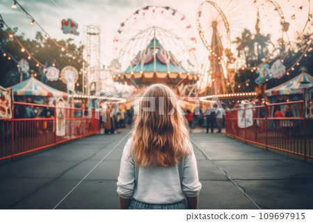 Child cute girl amusement park. Pleasure play. Generate Ai Child cute girl amusement park. Pleasure play. Generate Ai 109697915