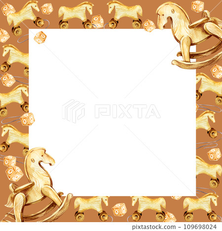 watercolor white square frame with toys, hand drawn vintage wooden rocking horse and cubes with letters, illustration of children's toy, sketch of cute fairy tale horse on brown background 109698024