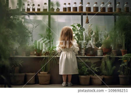Botanist florist child pots. Home garden. Generate Ai Botanist florist child pots. Home garden. Generate Ai 109698251