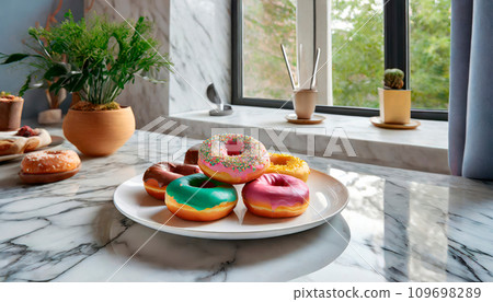 盤子裡的彩色甜甜圈 109698289